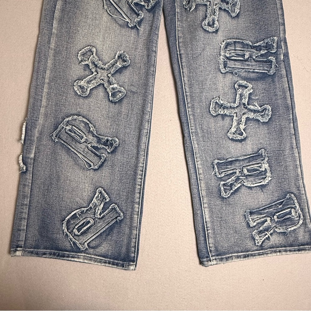 ROWME JEANS Patched Grunge Punk Letter Pattern Distressed Wide Leg Baggy 2 XS - Picture 6 of 11